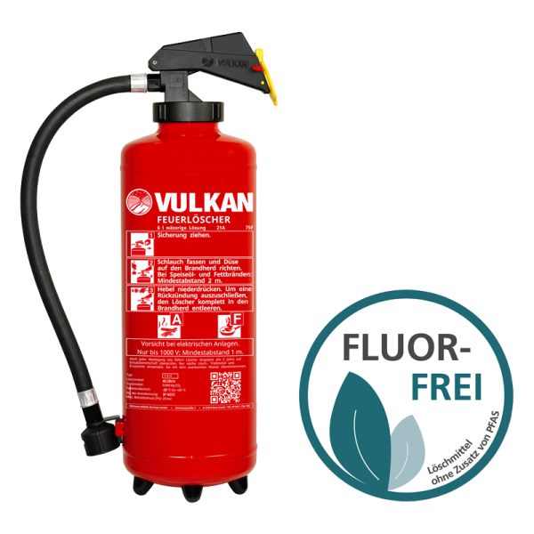 Vulkan 6 Liter Fettbrand-Feuerlöscher fluorfrei mit Hebelarmatur, F 6 H, DIN EN 3, Klasse AF Vulkan 6 Liter Fettbrand-Feuerlöscher fluorfrei mit Hebelarmatur, F 6 H, DIN EN 3, Klasse AF